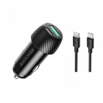 Ravpower car charger with two ports, 49 watts, pedi and usb, and iPhone type c cable - black