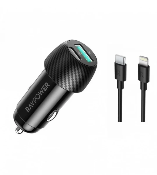 Ravpower car charger with two ports, 49 watts, pedi and usb, and iPhone type c cable - black
